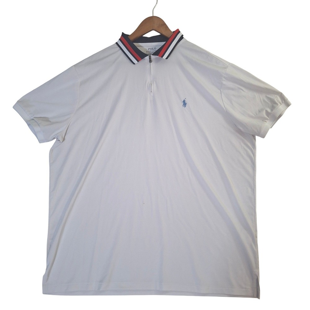 Polo Ralph Lauren Performance 1/4 Zip Polo Shirt Mens 2XL White Striped Collar - Picture 2 of 10